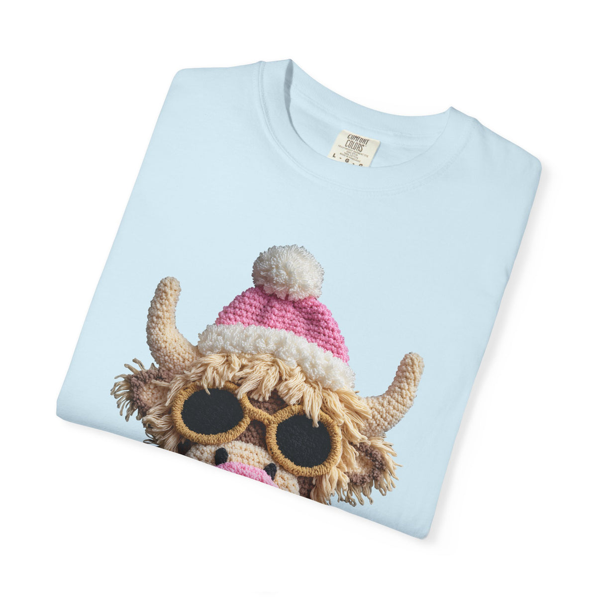 Faux Crochet Highland Cow Bubblegum - Comfort Colors | Trendy Women's T-Shirt. Direct to Garment. Printed & Shipped in the USA. Unisex Sizes.