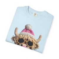 Faux Crochet Highland Cow Bubblegum - Comfort Colors | Trendy Women's T-Shirt. Direct to Garment. Printed & Shipped in the USA. Unisex Sizes.