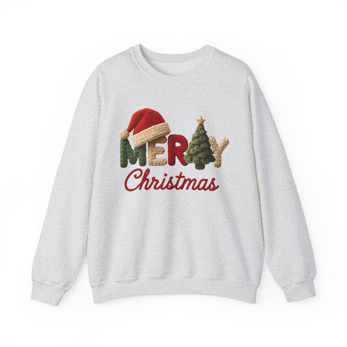 Merry Christmas Faux Yarn w/Santa Hat & Tree – Gildan Heavy Blend | Trendy Women’s Soft Sweatshirt. Direct to Garment. Printed & Shipped in the USA. Unisex Sizes.