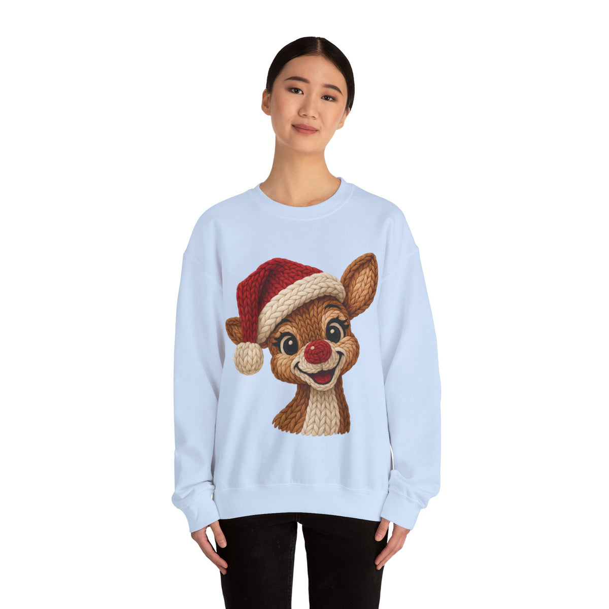 Cute Rudolph Faux Knit Look Reindeer w/Santa Hat – Gildan Heavy Blend | Trendy Women’s Soft Sweatshirt. Direct to Garment. Printed & Shipped in the USA. Unisex Sizes.