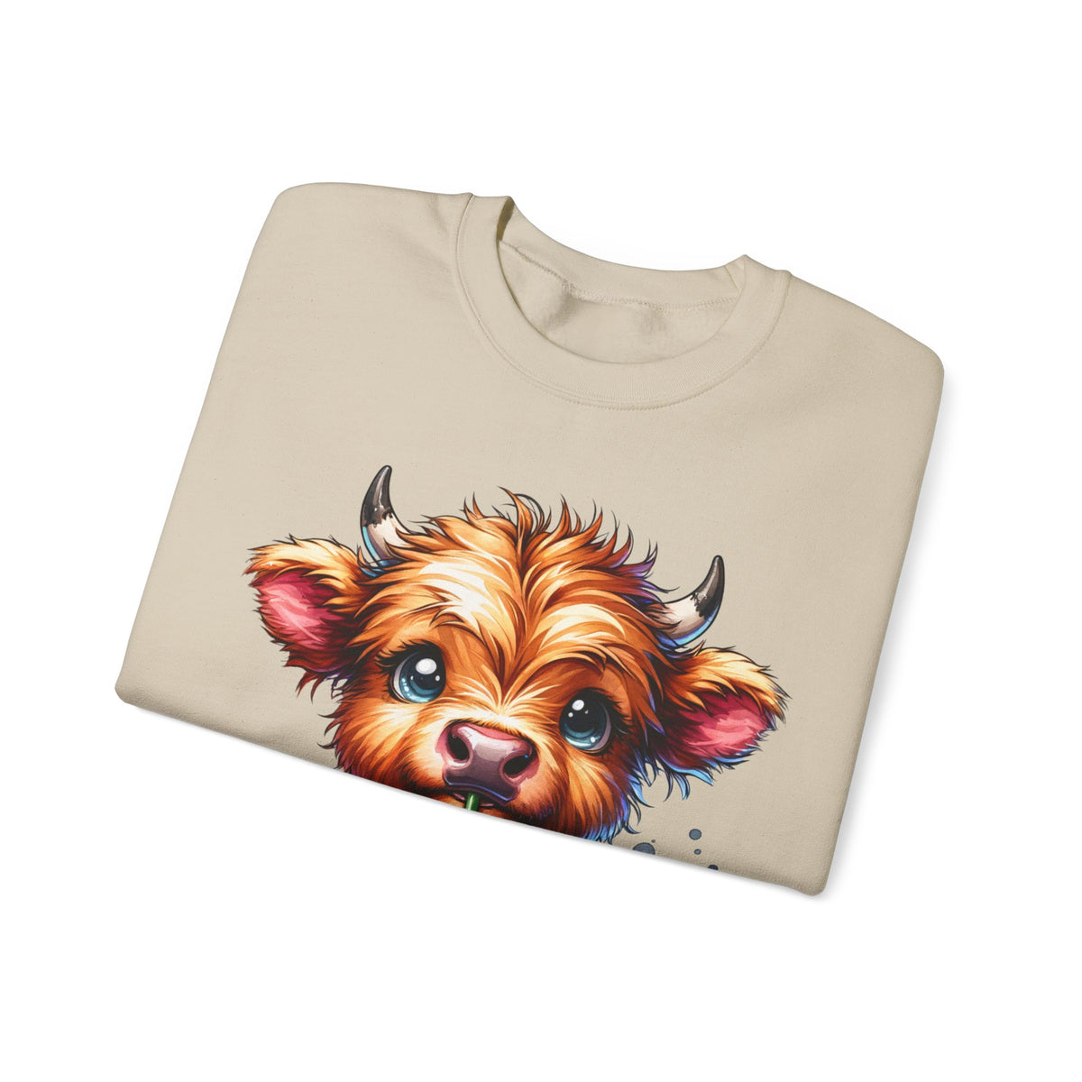 Coffee Addict Highland Cow Drinking Iced Coffee – Gildan Heavy Blend | Trendy Women’s Soft Sweatshirt. Direct to Garment. Printed & Shipped in the USA. Unisex Sizes.