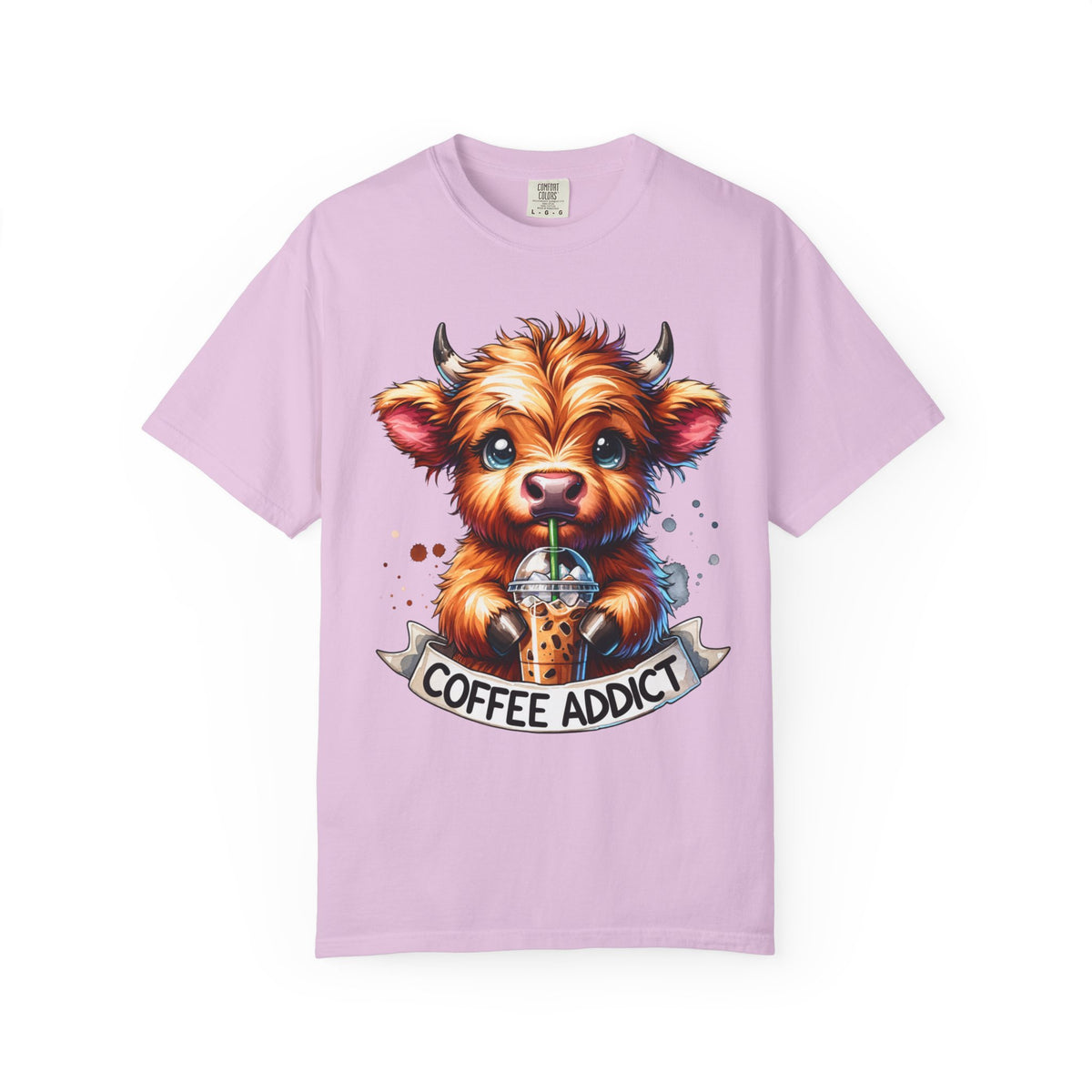 Coffee Addict Highland Cow Drinking Iced Coffee - Comfort Colors | Trendy Women's T-Shirt. Direct to Garment. Printed & Shipped in the USA. Unisex Sizes.