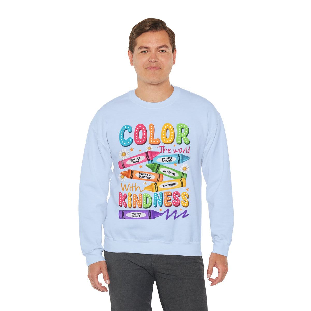 Color the World With Kindness Crayons, Great Teacher Gift – Gildan Heavy Blend | Trendy Women’s and Men's Soft Sweatshirt. Direct to Garment. Printed & Shipped in the USA. Unisex Sizes.