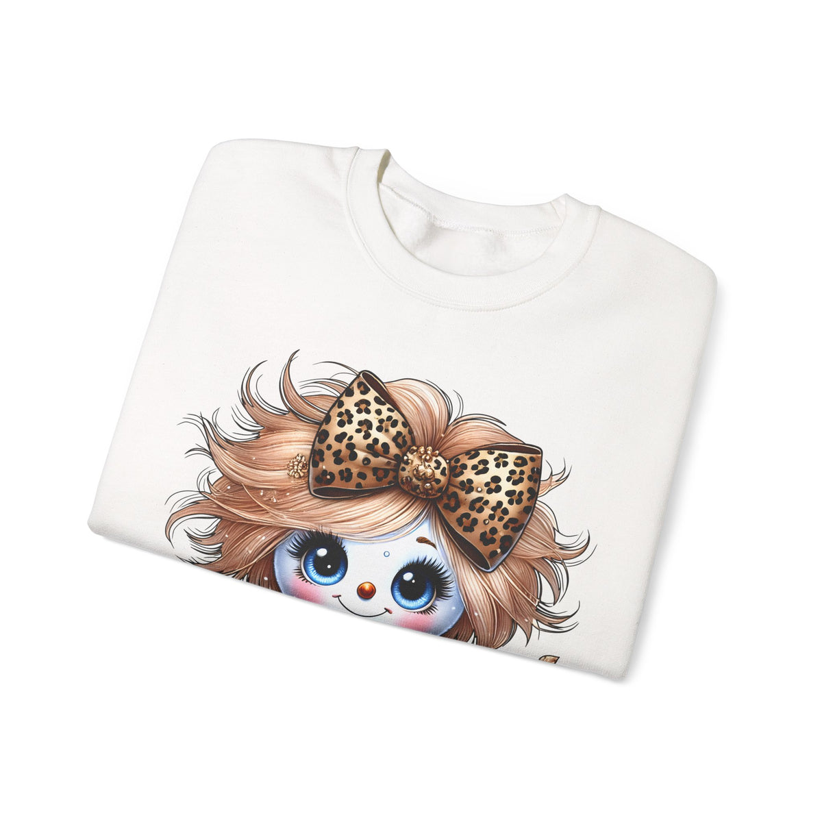 Snowgirl Cute Leopard Bow Snowman, Winter Cozy – Gildan Heavy Blend | Trendy Women’s Soft Sweatshirt. Direct to Garment. Printed & Shipped in the USA. Unisex Sizes.