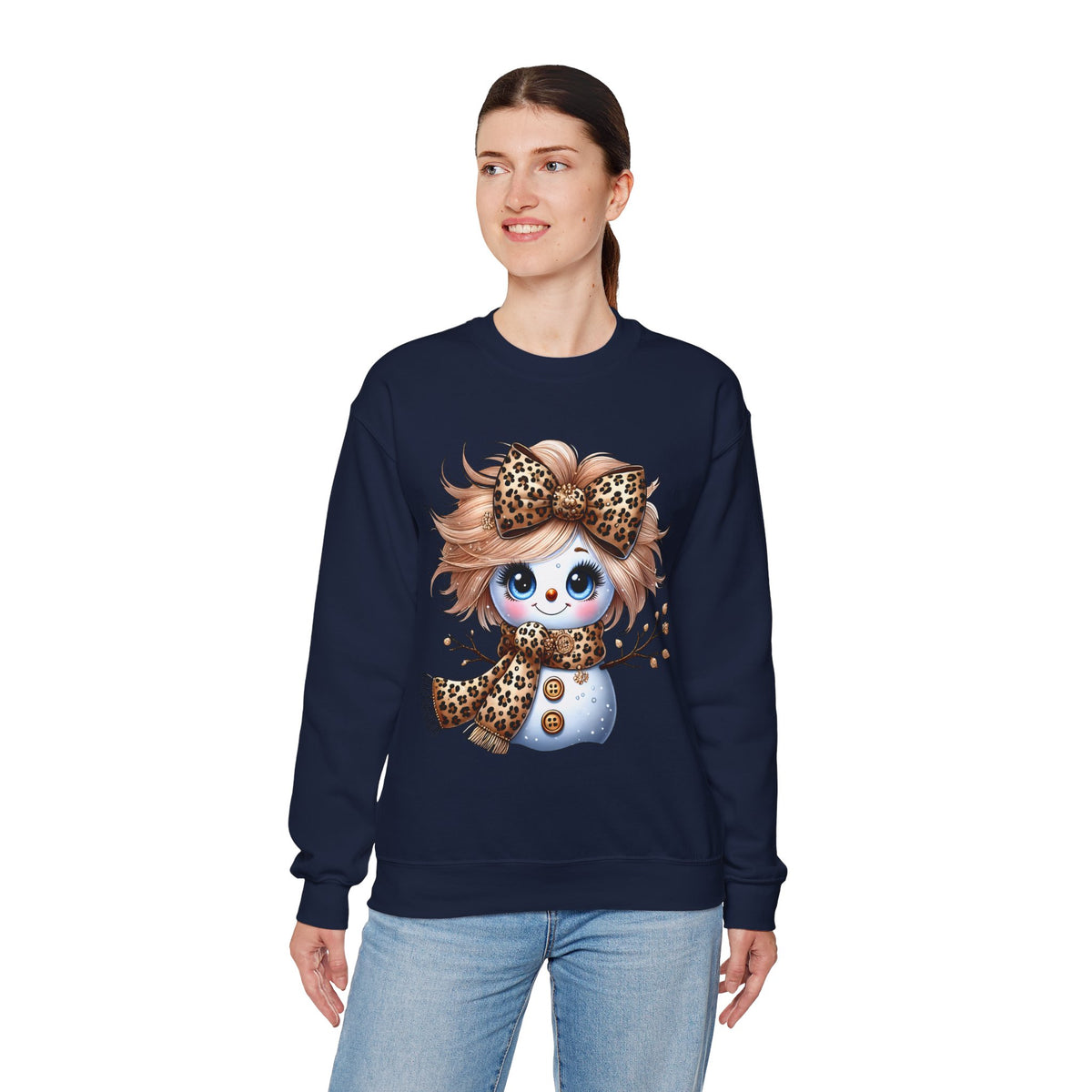 Snowgirl Cute Leopard Bow Snowman, Winter Cozy – Gildan Heavy Blend | Trendy Women’s Soft Sweatshirt. Direct to Garment. Printed & Shipped in the USA. Unisex Sizes.