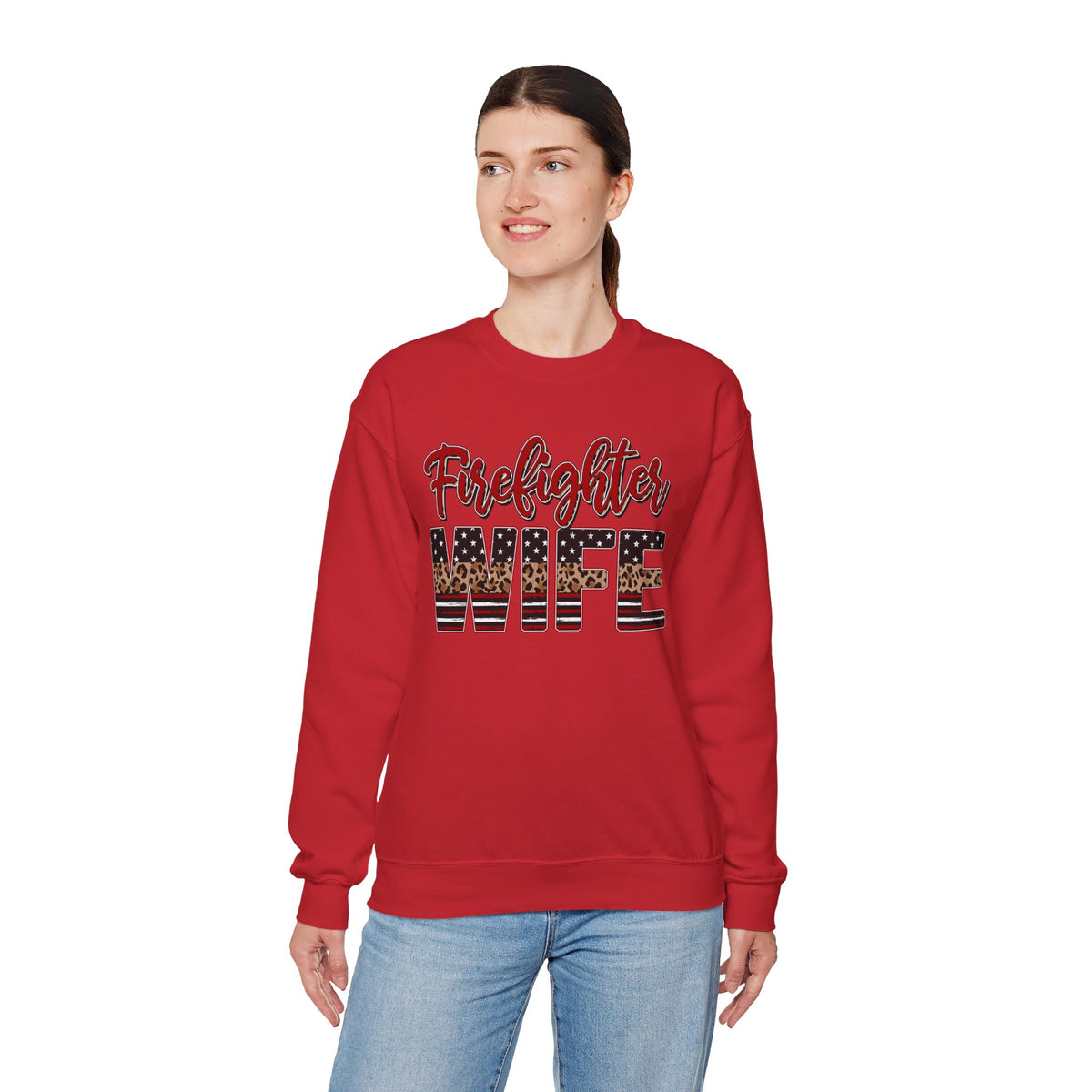 Firefighter Wife Patriotic Flag Lettering for Firefighter Spouse – Gildan Heavy Blend | Trendy Women’s Soft Sweatshirt. Direct to Garment. Printed & Shipped in the USA. Unisex Sizes.