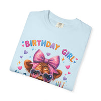 Birthday Girl, Highland Cow - Comfort Colors | Trendy Women's T-Shirt. Direct to Garment. Printed & Shipped in the USA. Unisex Sizes.