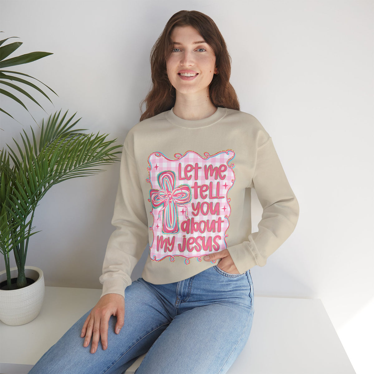 Let Me Tell You About My Jesus, Pink and Green – Gildan Heavy Blend | Trendy Women’s Soft Sweatshirt. Direct to Garment. Printed & Shipped in the USA. Unisex Sizes.