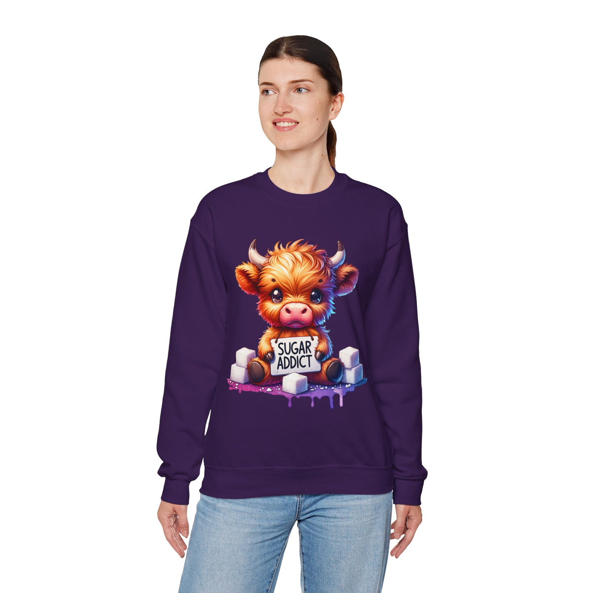 Sugar Addict Highland Cow – Gildan Heavy Blend | Trendy Women’s Soft Sweatshirt. Direct to Garment. Printed & Shipped in the USA. Unisex Sizes.