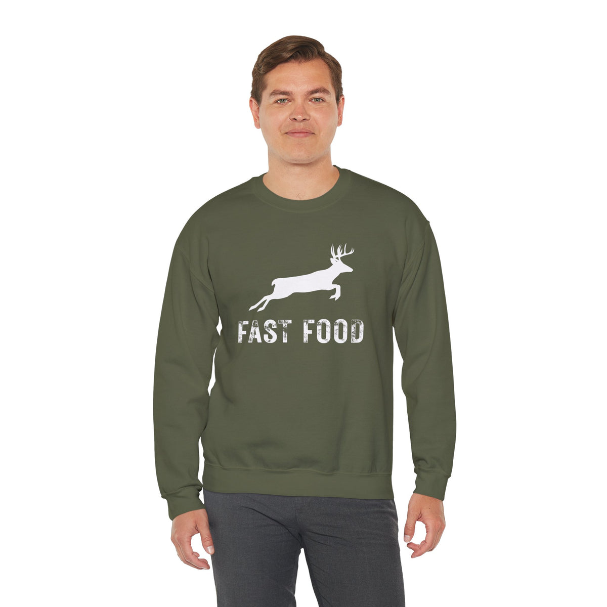 Fast Food Deer Hunting Humor Distressed – Gildan Heavy Blend | Trendy Men's and Women’s Soft Sweatshirt. Direct to Garment. Printed & Shipped in the USA. Unisex Sizes.
