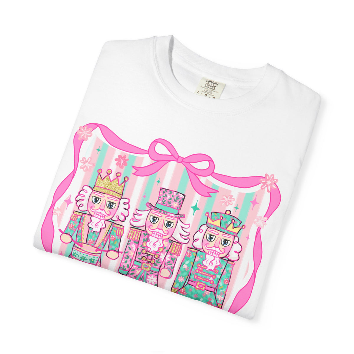 Coquette Pastel Christmas Nutcracker Trio Pink and Green - Comfort Colors | Trendy Women's T-Shirt. Direct to Garment. Printed & Shipped in the USA. Unisex Sizes.
