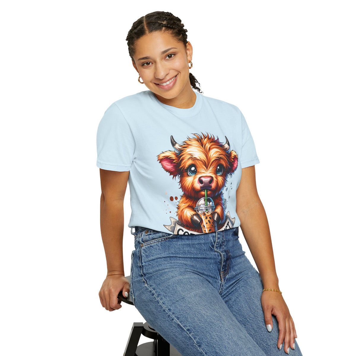 Coffee Addict Highland Cow Drinking Iced Coffee - Comfort Colors | Trendy Women's T-Shirt. Direct to Garment. Printed & Shipped in the USA. Unisex Sizes.