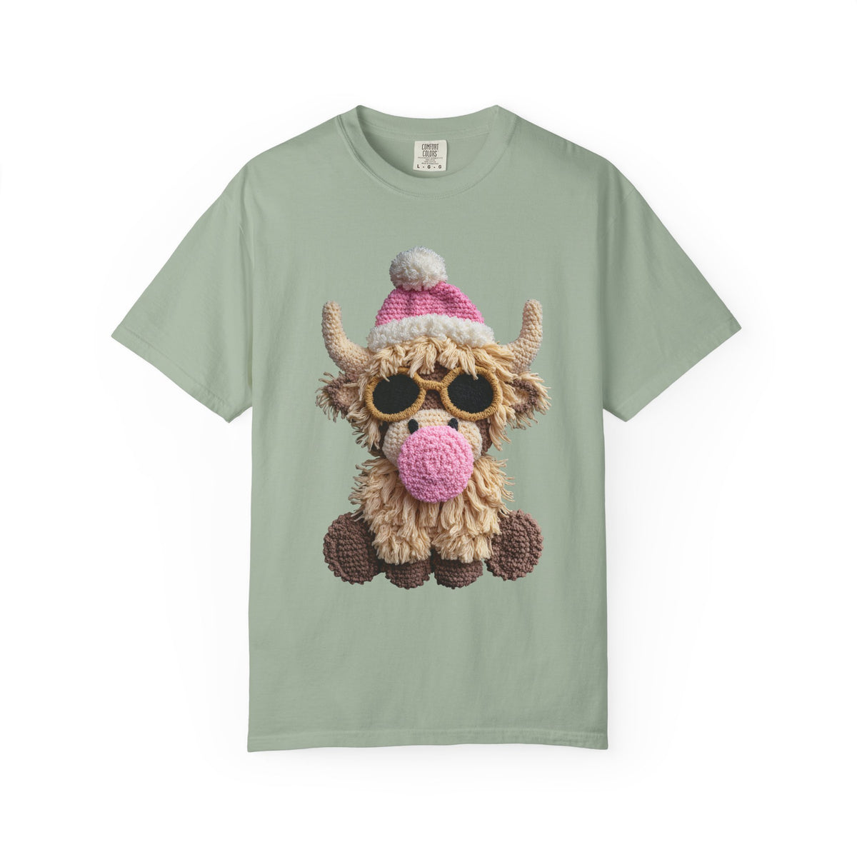 Faux Crochet Highland Cow Bubblegum - Comfort Colors | Trendy Women's T-Shirt. Direct to Garment. Printed & Shipped in the USA. Unisex Sizes.