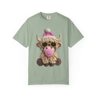 Faux Crochet Highland Cow Bubblegum - Comfort Colors | Trendy Women's T-Shirt. Direct to Garment. Printed & Shipped in the USA. Unisex Sizes.