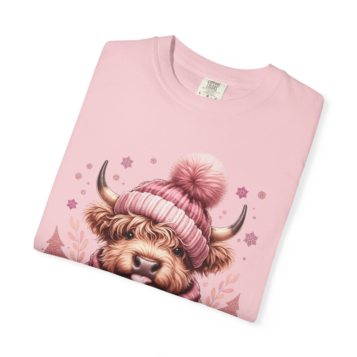 Cozy Highland Cow, Winter Coffee Mug & Scarf - Comfort Colors | Trendy Women's T-Shirt. Direct to Garment. Printed & Shipped in the USA. Unisex Sizes.