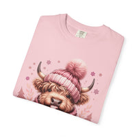 Cozy Highland Cow, Winter Coffee Mug & Scarf - Comfort Colors | Trendy Women's T-Shirt. Direct to Garment. Printed & Shipped in the USA. Unisex Sizes.