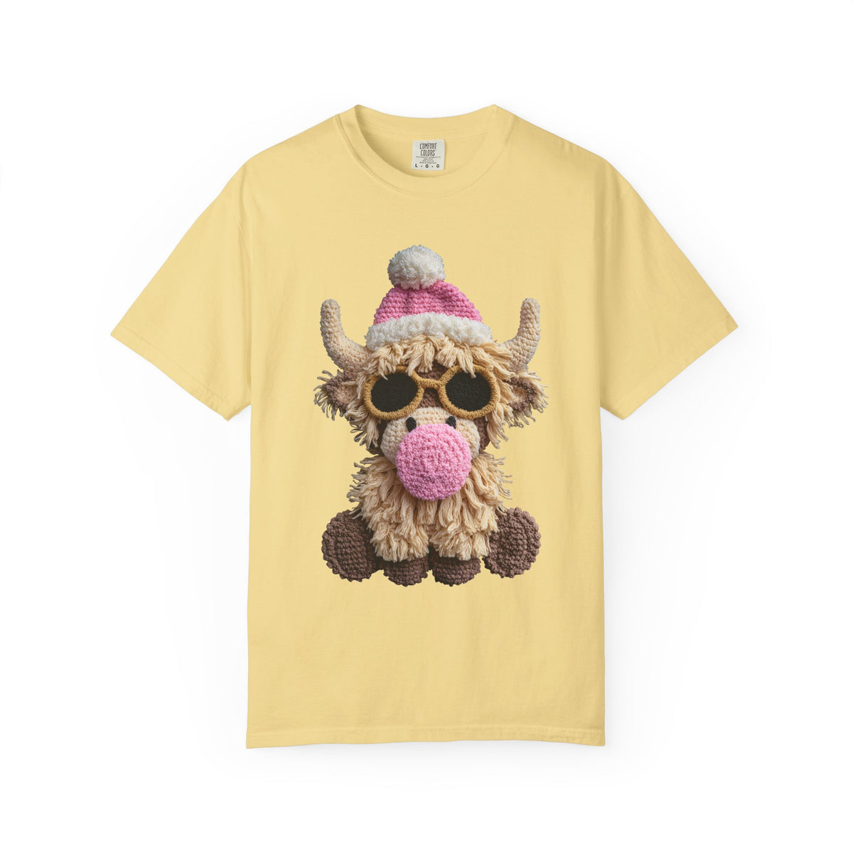 Faux Crochet Highland Cow Bubblegum - Comfort Colors | Trendy Women's T-Shirt. Direct to Garment. Printed & Shipped in the USA. Unisex Sizes.