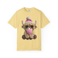 Faux Crochet Highland Cow Bubblegum - Comfort Colors | Trendy Women's T-Shirt. Direct to Garment. Printed & Shipped in the USA. Unisex Sizes.