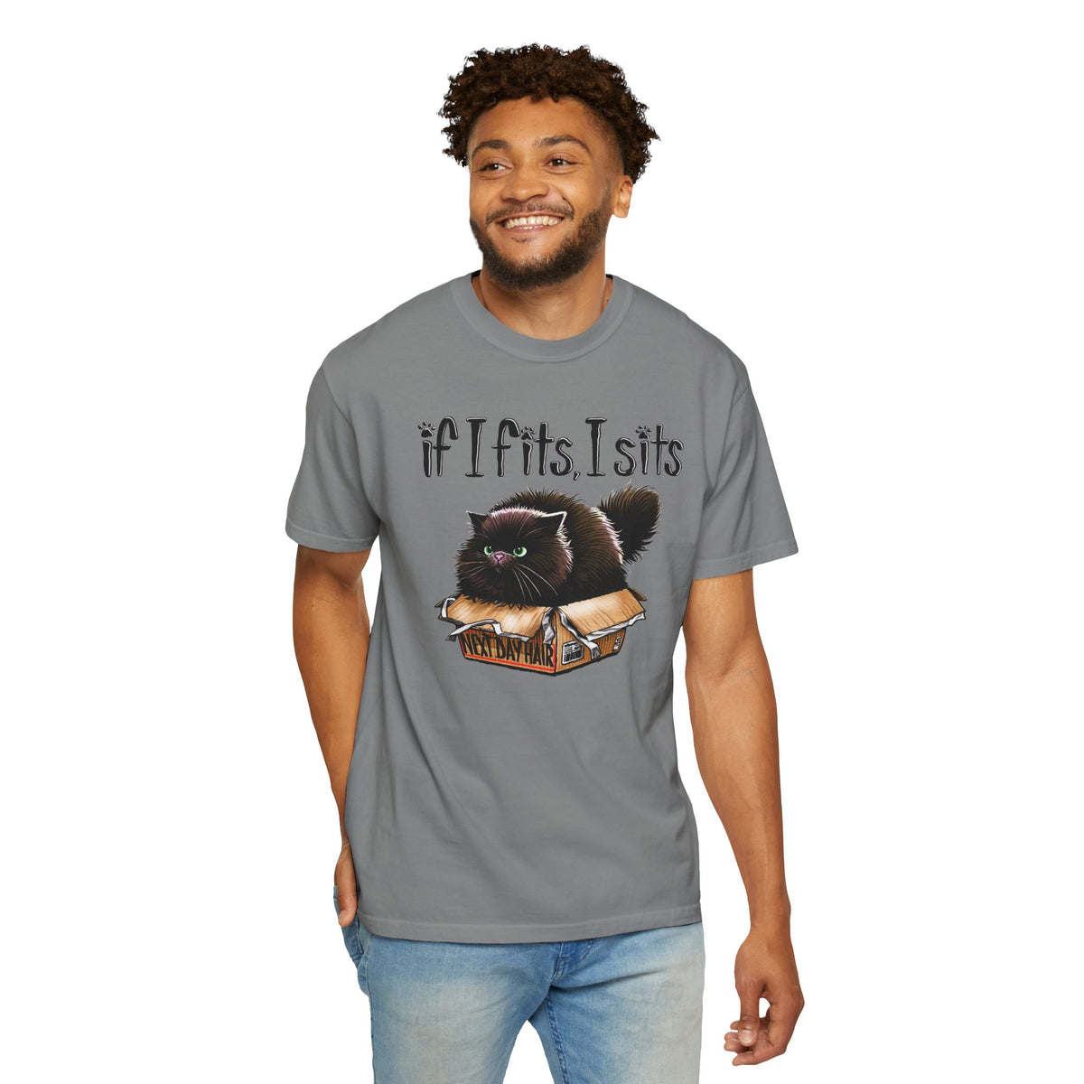 If I Fits I Sits, Cat in a Box - Comfort Colors | Trendy Women's and Men's T-Shirt. Direct to Garment. Printed & Shipped in the USA. Unisex Sizes.