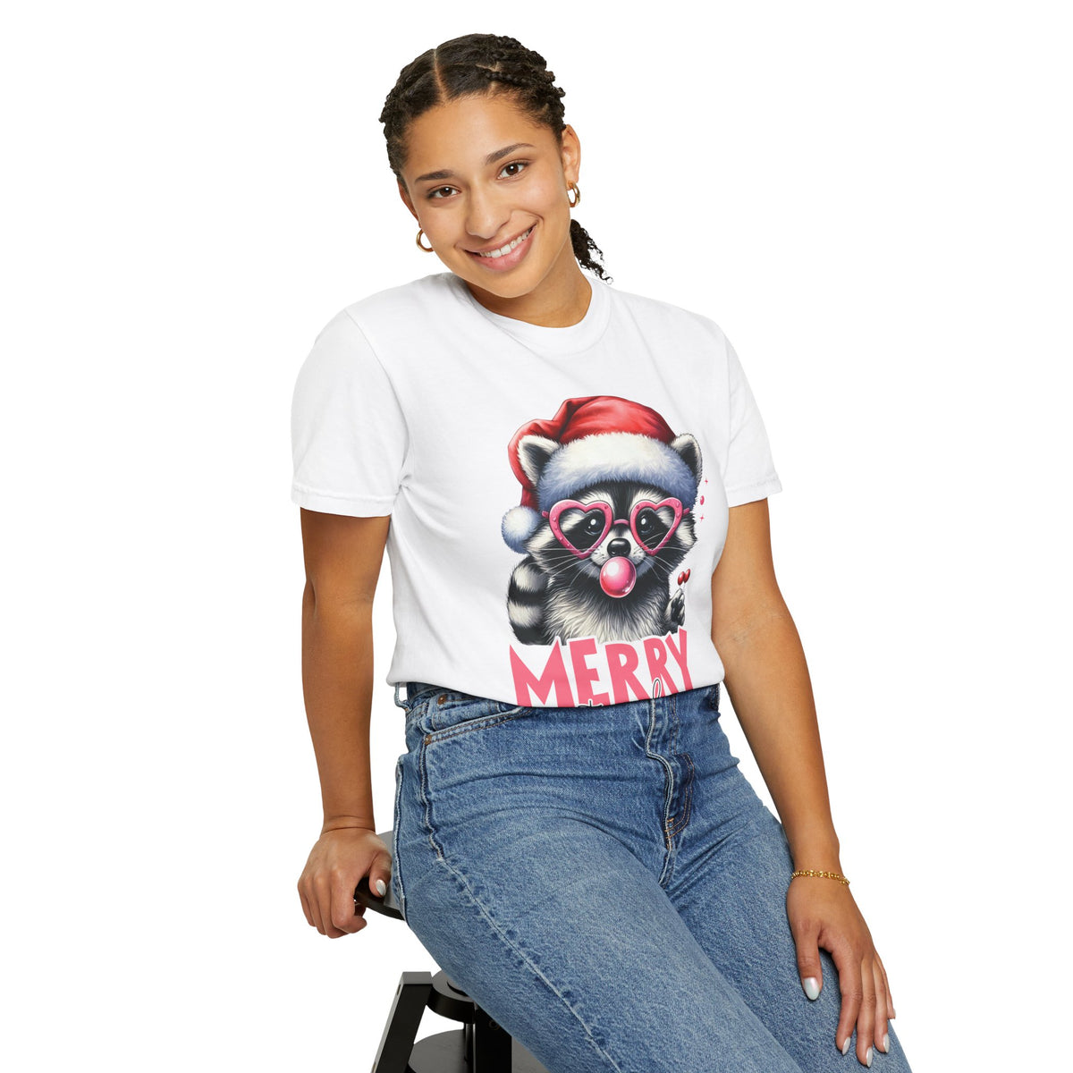 Merry Trashmas Bubblegum Raccoon w/Santa Hat Christmas - Comfort Colors | Trendy Women's T-Shirt. Direct to Garment. Printed & Shipped in the USA. Unisex Sizes.