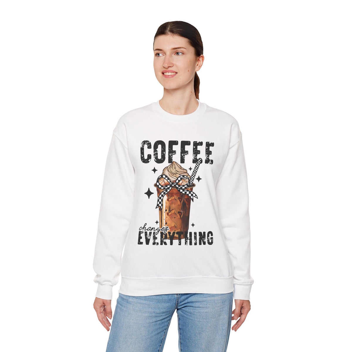 Coffee Changes Everything, Iced Coffee, Coffee Lovers – Gildan Heavy Blend | Trendy Women’s Soft Sweatshirt. Direct to Garment. Printed & Shipped in the USA. Unisex Sizes.