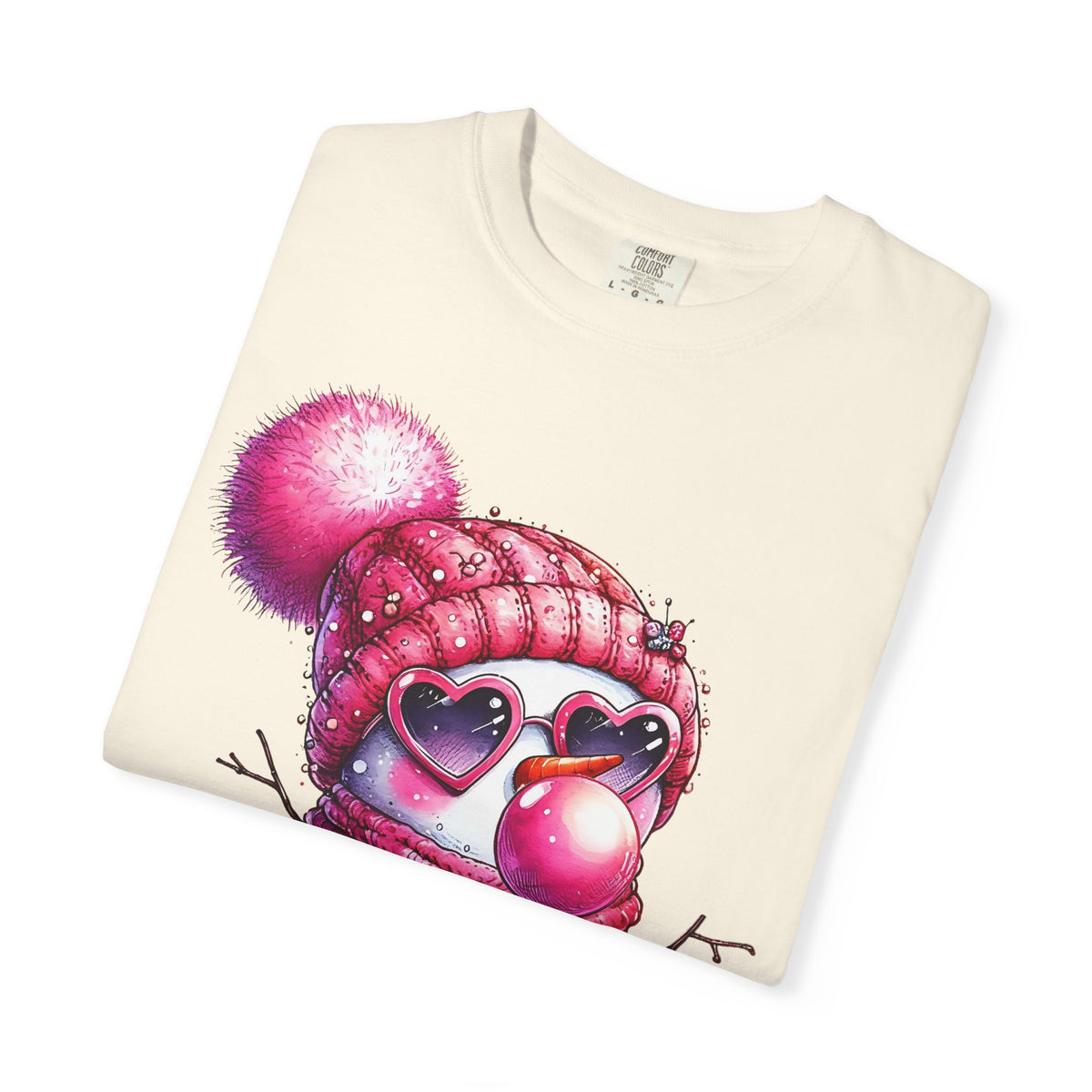 Pink Girly Snowman with Heart Sunglasses and Bubblegum Winter - Comfort Colors | Trendy Women's T-Shirt. Direct to Garment. Printed & Shipped in the USA. Unisex Sizes.