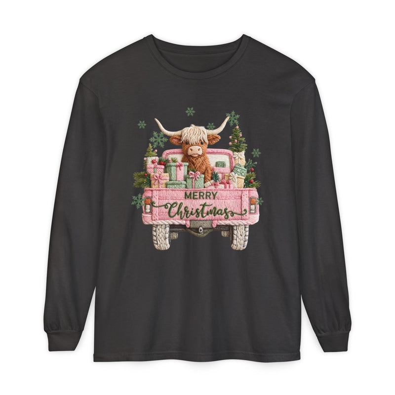 Highland Cow in Pink Truck Merry Christmas Holiday Farmhouse - Comfort Colors | Trendy Women's Long Sleeve T-Shirt. Direct to Garment. Printed & Shipped in the USA. Unisex Sizes.