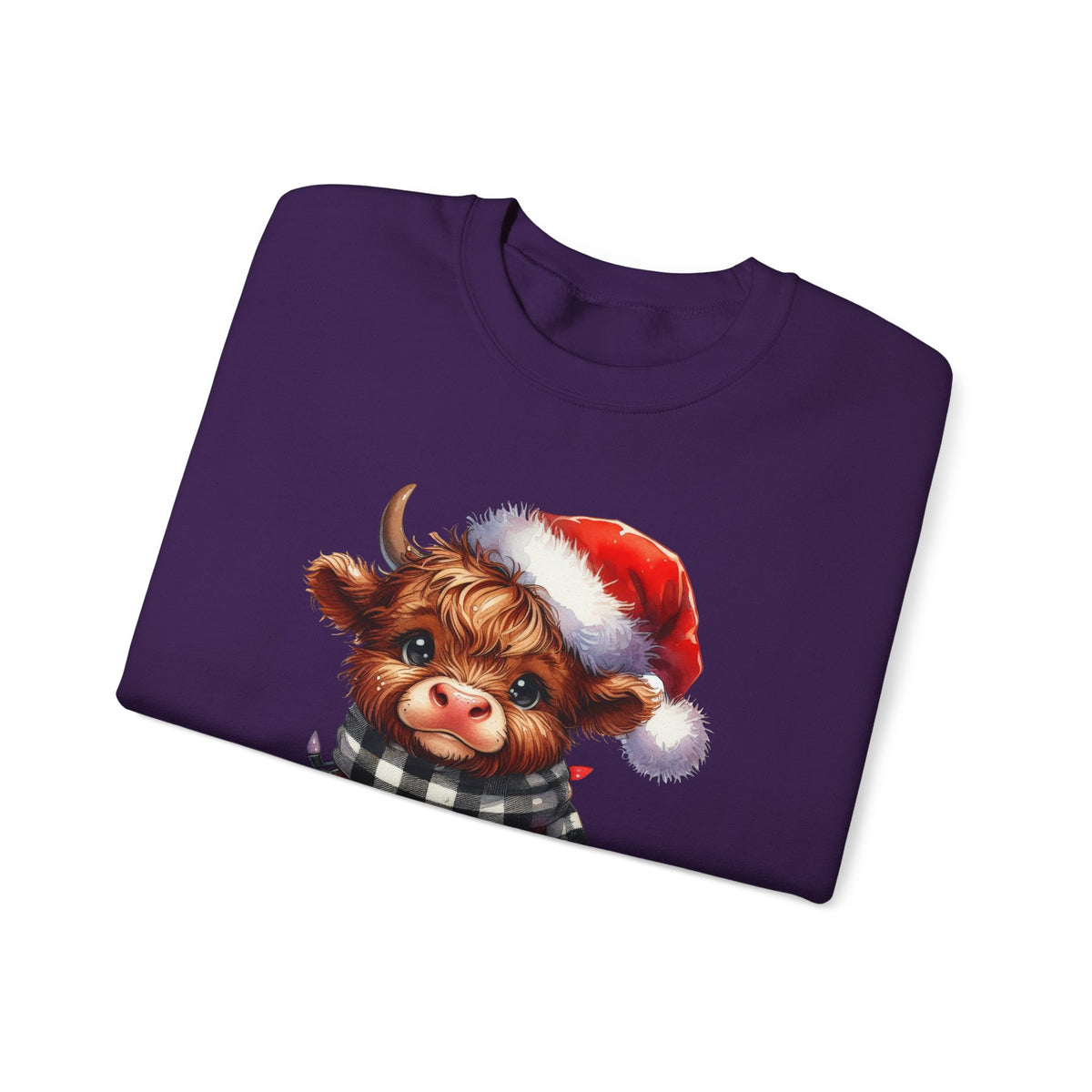 Cute Highland Cow Santa Hat Scarf Christmas Lights – Gildan Heavy Blend | Trendy Women’s Soft Sweatshirt. Direct to Garment. Printed & Shipped in the USA. Unisex Sizes.