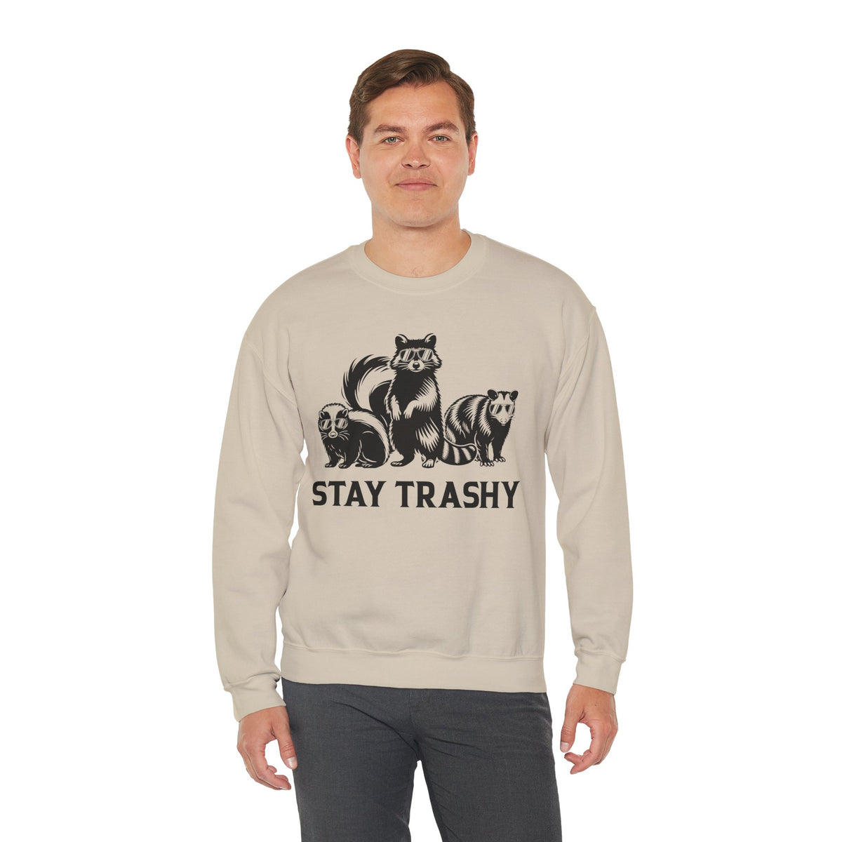 Stay Trashy, Skunk Raccoon Possum – Gildan Heavy Blend | Trendy Women’s and Men's Soft Sweatshirt. Direct to Garment. Printed & Shipped in the USA. Unisex Sizes.
