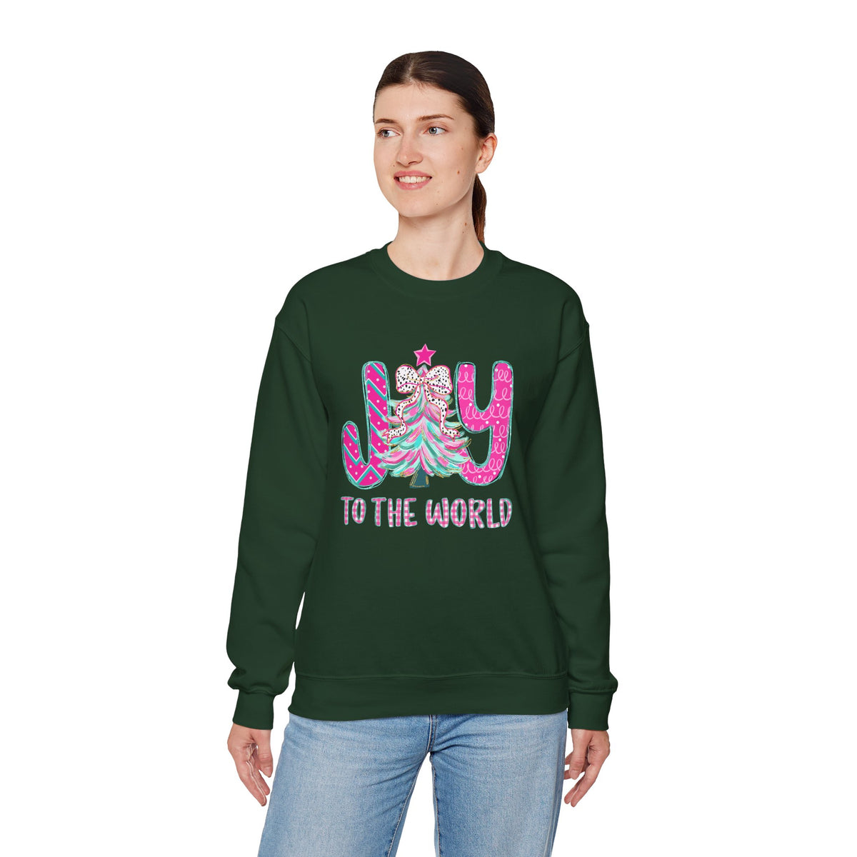 Joy to the World w/Christmas Tree Pink and Teal – Gildan Heavy Blend | Trendy Women’s Soft Sweatshirt. Direct to Garment. Printed & Shipped in the USA. Unisex Sizes.