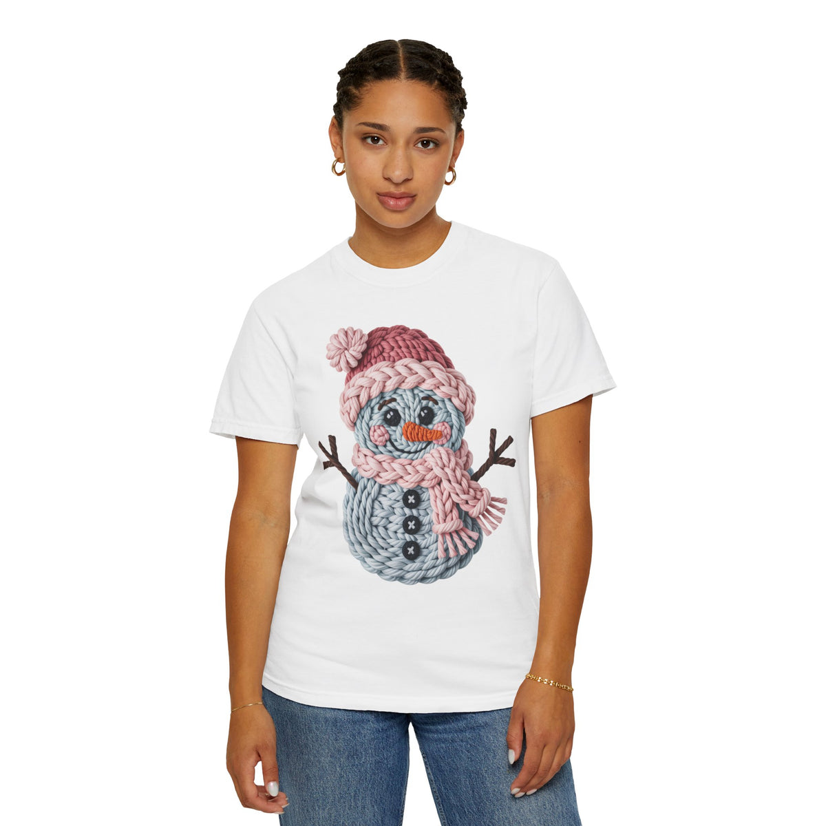 Cute Yarn Snowman - Pink Scarf - Comfort Colors | Trendy Women's T-Shirt. Direct to Garment. Printed & Shipped in the USA. Unisex Sizes.