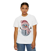 Cute Yarn Snowman - Pink Scarf - Comfort Colors | Trendy Women's T-Shirt. Direct to Garment. Printed & Shipped in the USA. Unisex Sizes.
