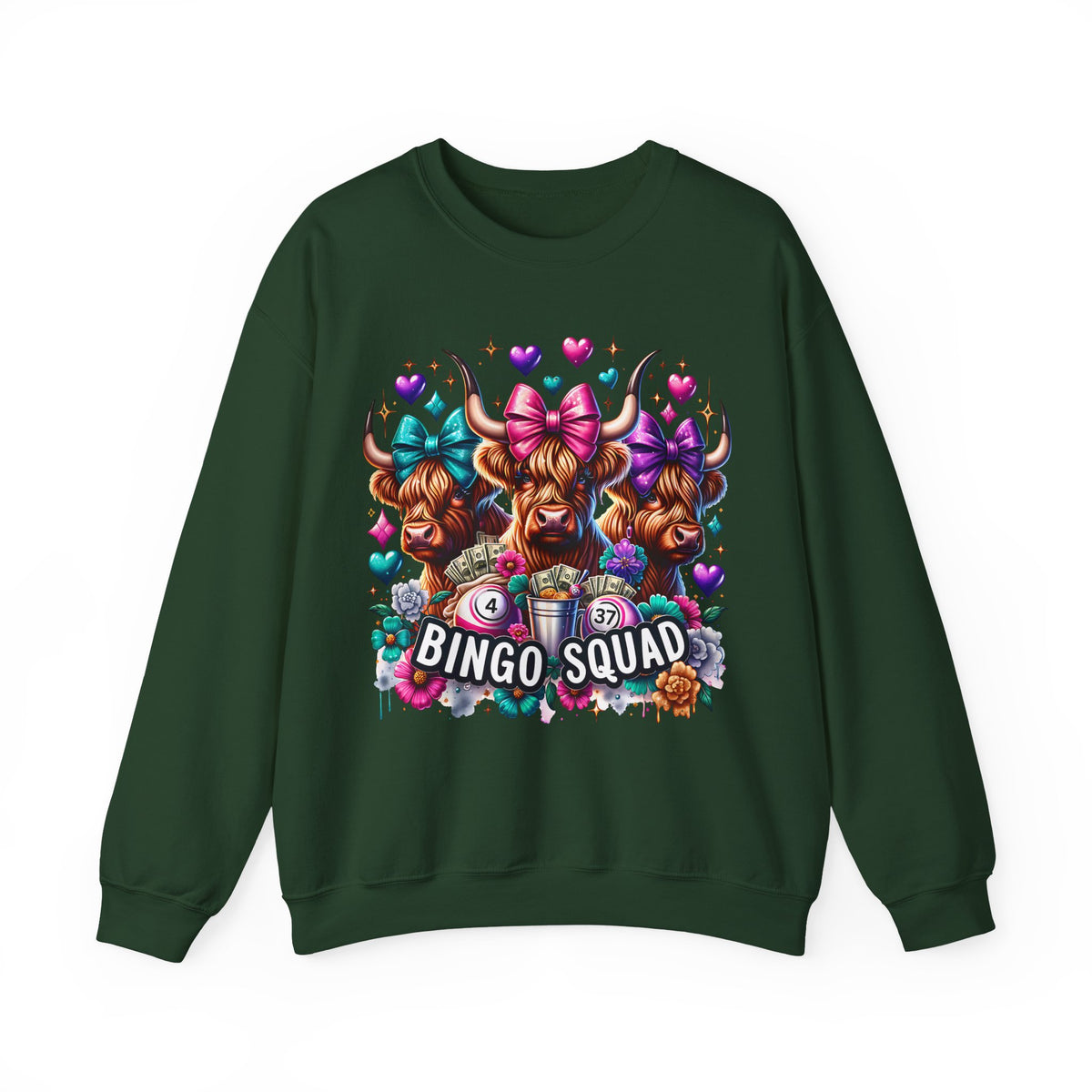 Cute Highland Cows Bingo Squad – Gildan Heavy Blend | Trendy Women’s Soft Sweatshirt. Direct to Garment. Printed & Shipped in the USA. Unisex Sizes.