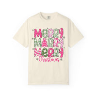 Merry Merry Merry Christmas, Festive Candy Cane & Pink and Green Plaid - Comfort Colors | Trendy Women's T-Shirt. Direct to Garment. Printed & Shipped in the USA. Unisex Sizes.