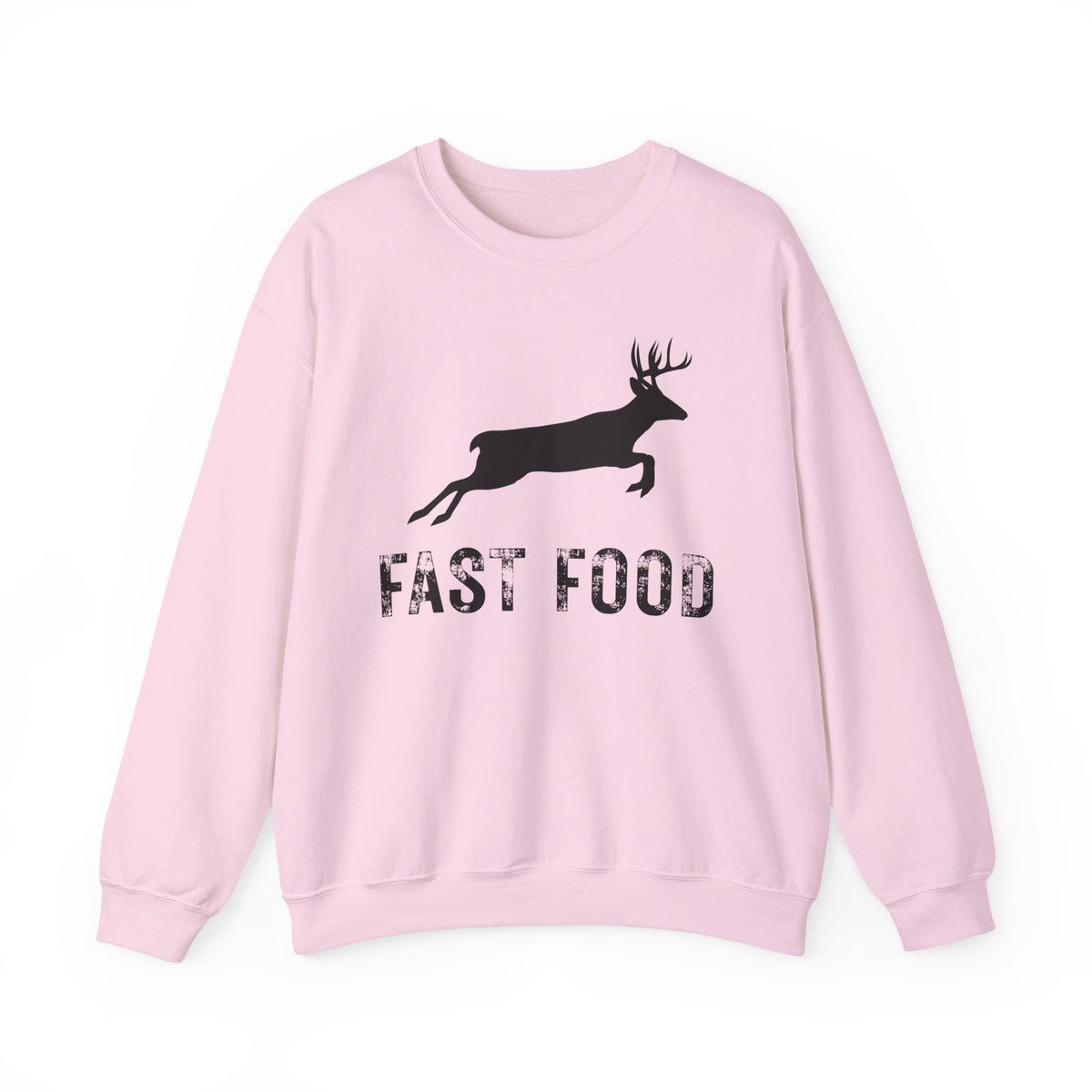 Fast Food Deer Hunting Humor Distressed – Gildan Heavy Blend | Trendy Men's and Women’s Soft Sweatshirt. Direct to Garment. Printed & Shipped in the USA. Unisex Sizes.