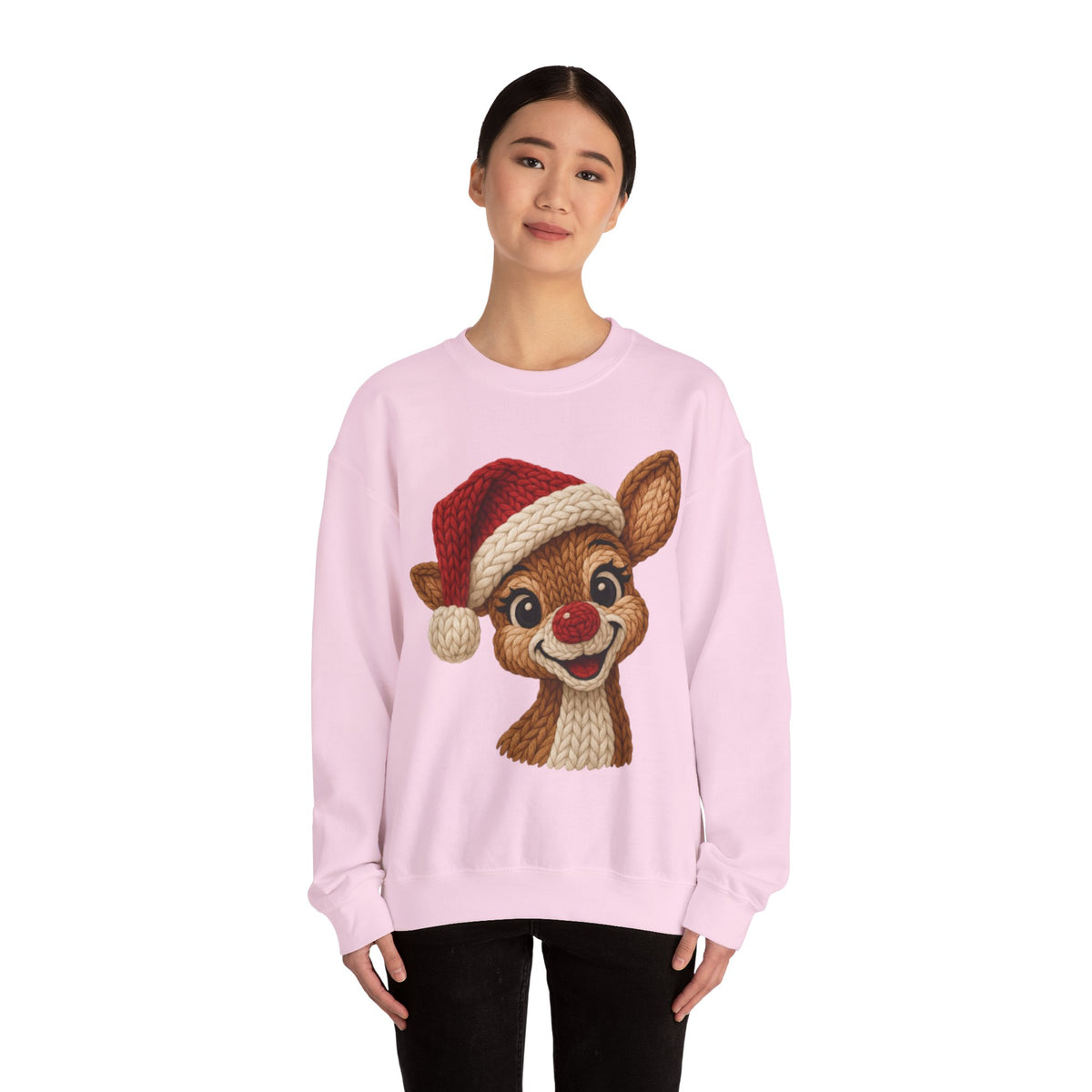 Cute Rudolph Faux Knit Look Reindeer w/Santa Hat – Gildan Heavy Blend | Trendy Women’s Soft Sweatshirt. Direct to Garment. Printed & Shipped in the USA. Unisex Sizes.