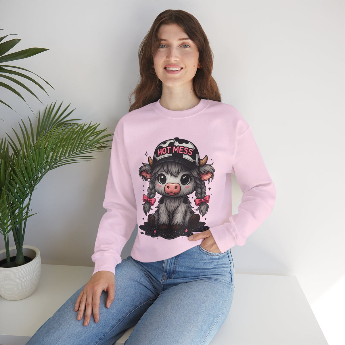 Cute Highland Cow 'Hot Mess' In Braids – Gildan Heavy Blend | Trendy Women’s Soft Sweatshirt. Direct to Garment. Printed & Shipped in the USA. Unisex Sizes.