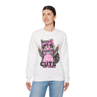 Cute But Feral, Raccoon in Pink Bibs – Gildan Heavy Blend | Trendy Women’s Soft Sweatshirt. Direct to Garment. Printed & Shipped in the USA. Unisex Sizes.