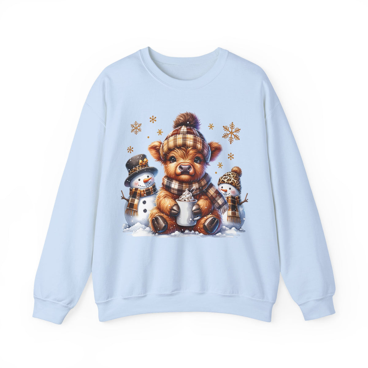 Cute Highland Cow with Snowmen, Winter – Gildan Heavy Blend | Trendy Women’s Soft Sweatshirt. Direct to Garment. Printed & Shipped in the USA. Unisex Sizes.
