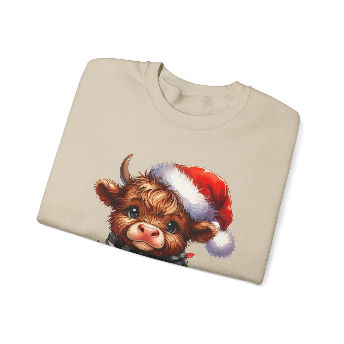 Cute Highland Cow Santa Hat Scarf Christmas Lights – Gildan Heavy Blend | Trendy Women’s Soft Sweatshirt. Direct to Garment. Printed & Shipped in the USA. Unisex Sizes.