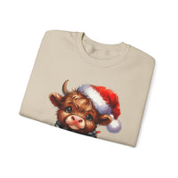 Cute Highland Cow Santa Hat Scarf Christmas Lights – Gildan Heavy Blend | Trendy Women’s Soft Sweatshirt. Direct to Garment. Printed & Shipped in the USA. Unisex Sizes.