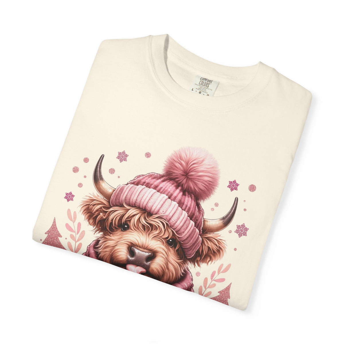 Cozy Highland Cow, Winter Coffee Mug & Scarf - Comfort Colors | Trendy Women's T-Shirt. Direct to Garment. Printed & Shipped in the USA. Unisex Sizes.