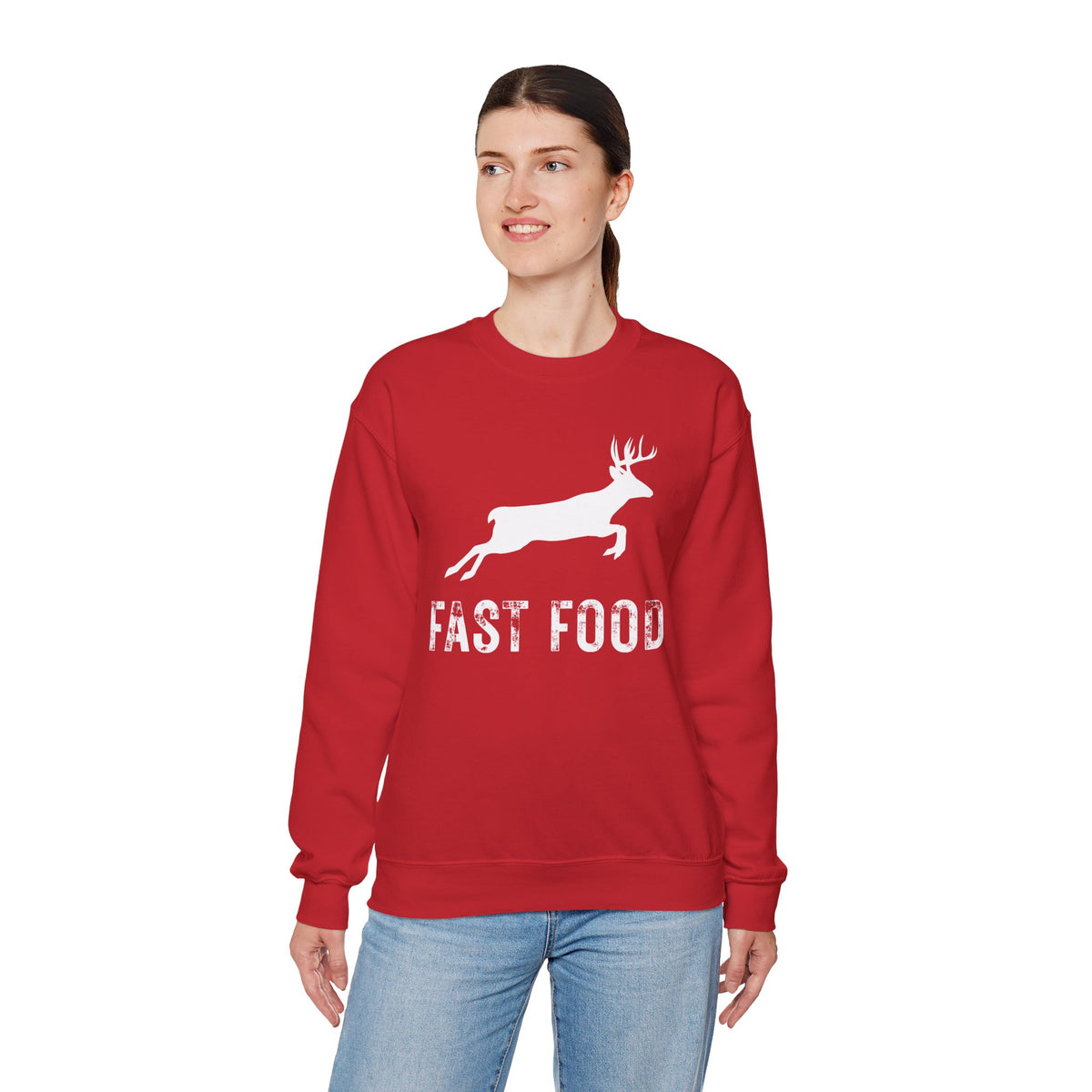 Fast Food Deer Hunting Humor Distressed – Gildan Heavy Blend | Trendy Men's and Women’s Soft Sweatshirt. Direct to Garment. Printed & Shipped in the USA. Unisex Sizes.