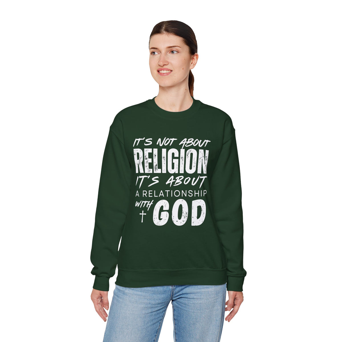 It's Not About Religion, It's About a Relationship with God – Gildan Heavy Blend | Trendy Men's and Women’s Soft Sweatshirt. Direct to Garment. Printed & Shipped in the USA. Unisex Sizes.