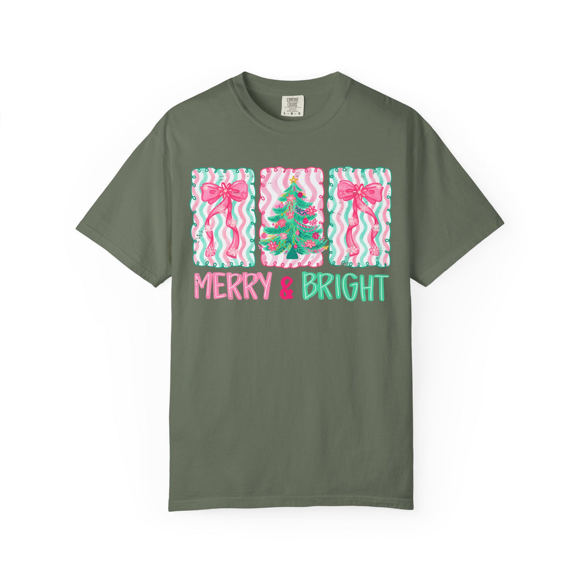 Merry & Bright Christmas — Pink & Green Holiday Tree Design - Comfort Colors | Trendy Women's T-Shirt. Direct to Garment. Printed & Shipped in the USA. Unisex Sizes.