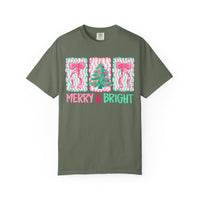 Merry & Bright Christmas — Pink & Green Holiday Tree Design - Comfort Colors | Trendy Women's T-Shirt. Direct to Garment. Printed & Shipped in the USA. Unisex Sizes.