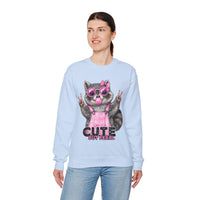 Cute But Feral, Raccoon in Pink Bibs – Gildan Heavy Blend | Trendy Women’s Soft Sweatshirt. Direct to Garment. Printed & Shipped in the USA. Unisex Sizes.