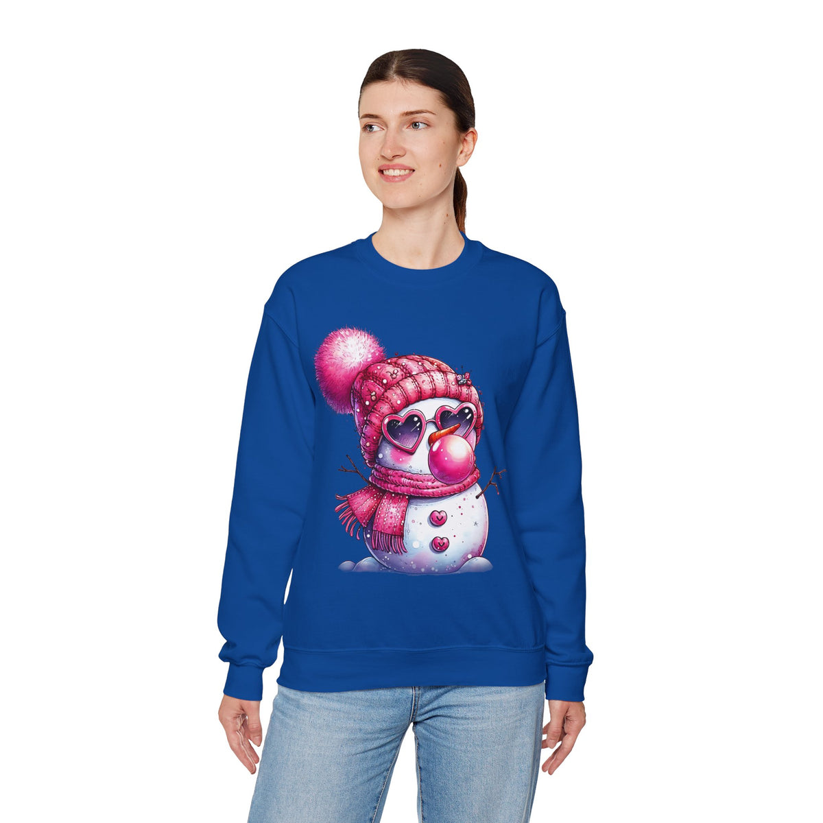 Pink Girly Snowman with Heart Sunglasses and Bubblegum - Winter – Gildan Heavy Blend | Trendy Women’s Soft Sweatshirt. Direct to Garment. Printed & Shipped in the USA. Unisex Sizes.