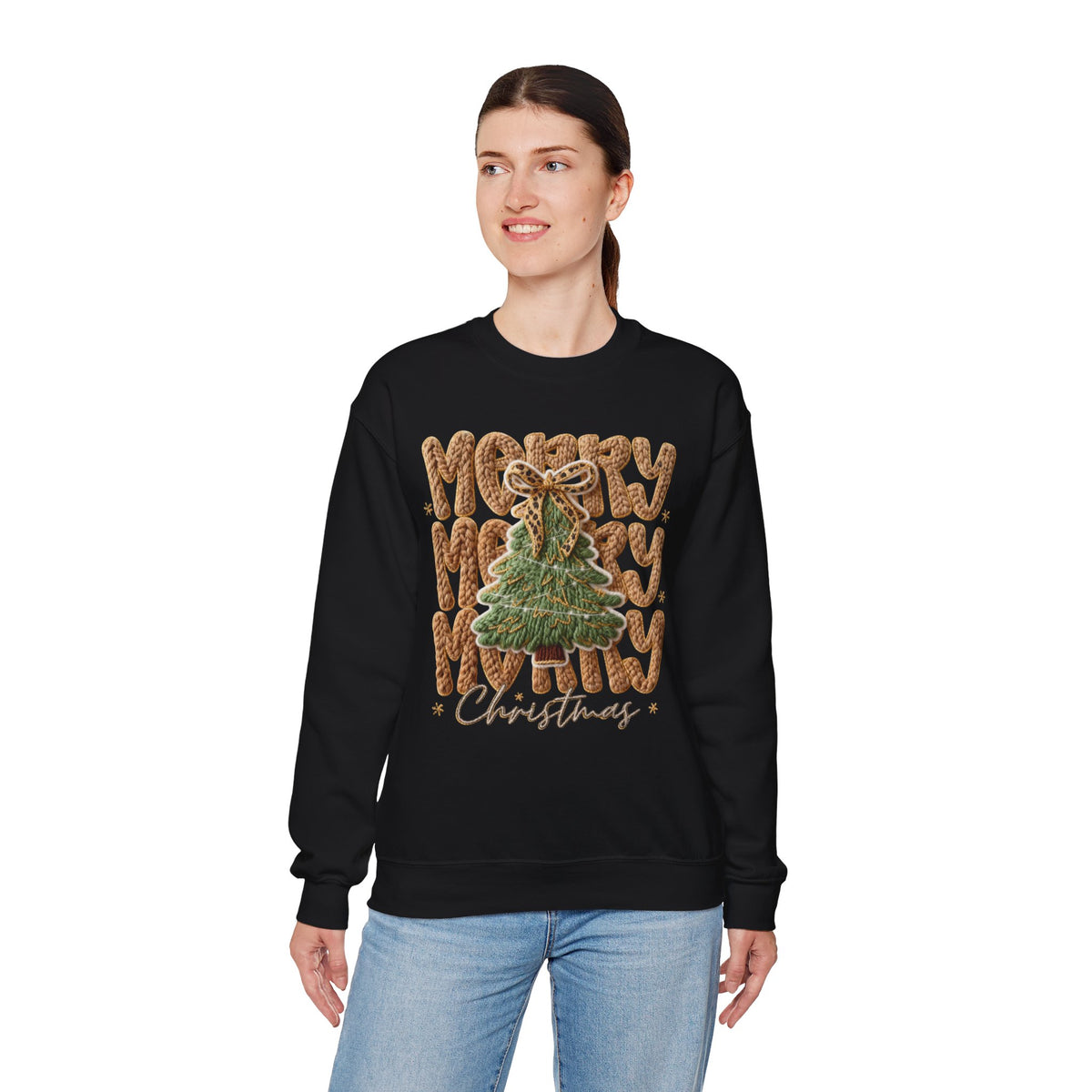Merry Merry Merry Christmas, Faux Latch Hook Yarn – Gildan Heavy Blend | Trendy Women’s Soft Sweatshirt. Direct to Garment. Printed & Shipped in the USA. Unisex Sizes.