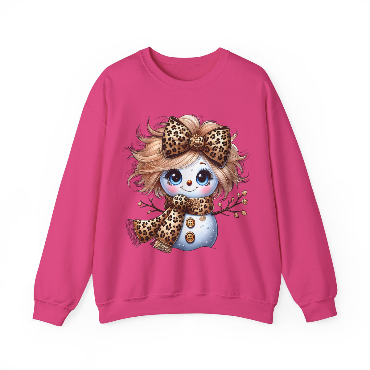 Snowgirl Cute Leopard Bow Snowman, Winter Cozy – Gildan Heavy Blend | Trendy Women’s Soft Sweatshirt. Direct to Garment. Printed & Shipped in the USA. Unisex Sizes.